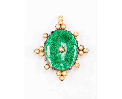 A Victorian 15ct gold and guilloche enamel pendant set with seed pearls, green enamel set to the centre with a single pearl, 