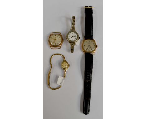 A gents 9ct gold cased 'Record' wristwatch, a 9ct gold 'Tudor' gents watch, a lady's white metal 'Critic' wristwatch and anot