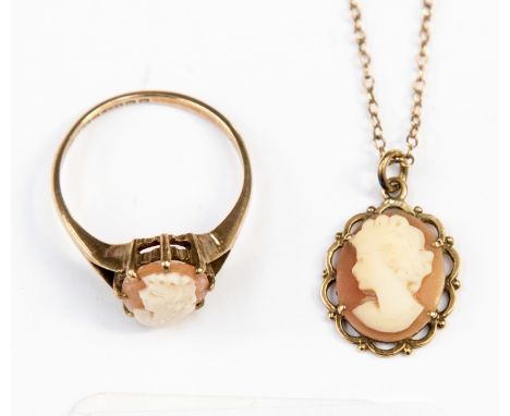 A 9ct gold small cameo dress ring, size M; together with a matching pendant and chain, total weight approx 5.0 grams