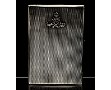 A George VI silver Military presentation cigarette case, the engine turned decoration with Royal Artillery Lodge insignia, th