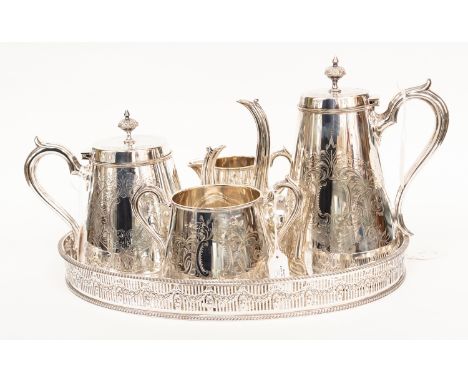 A four piece silver plated tea and coffee service, comprising teapot, coffee pot, milk jug and sugar bowl, plus an oval tray,