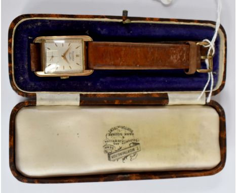 A gentleman's 9ct gold cased Rotary Incabloc wristwatch, London 1959, rectangular dial, batons, subsidiary dial,  leather str