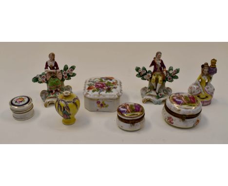 Make up pots, trinket pots, ceramic perfume bottle and two figures
