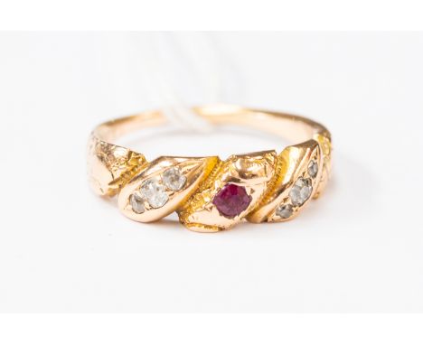 A 19th Century yellow metal ring, set with diamonds and ruby, assessed as 15ct , size M1/2, total gross weight approx 4 gms