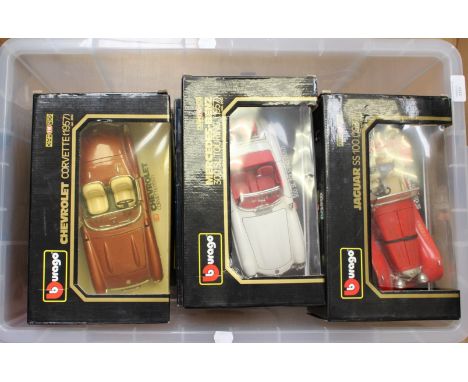 9 x 1:18 scale cars including Burago, Solido, Revell, Britains (1 box)