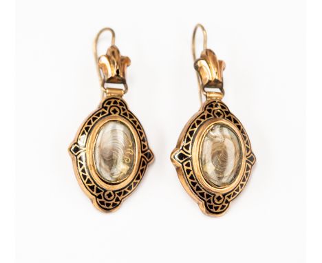 A pair of Victorian mourning earrings, black enamel, hair window to front, length approx 35mm, total gross weight approx 6 gm
