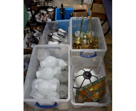 A large collection of lighting including brass ceiling lights and wall lights en suite, with glass shades; Art Nouveau style 