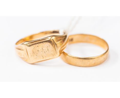 Two 9ct gold rings, comprising a signet ring and plain band, combined weight approx 5.8 gms  (2)