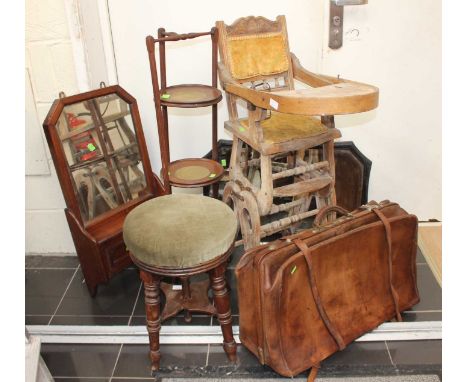 Three wall mirrors, Victorian with drawer, early Edwardian high chair, cakestand, piano stool and leather case