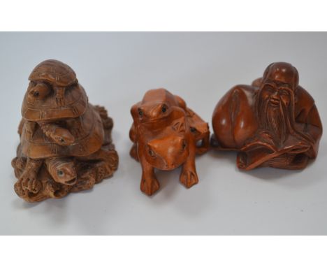 Three wooden Japanese Netsuke tortoise frogs and Buddah