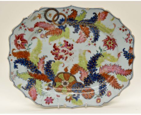 A Chinese Qianlong period porcelain 'pseudo tobacco leaf' pattern meat plate. 38 x 31 cmsThree small chips on outer edgeRubbi