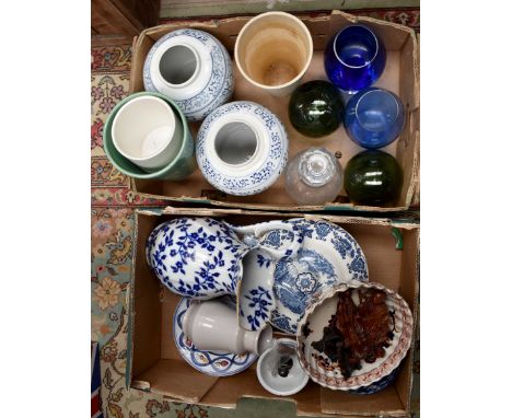 A collection of glass ware and ceramics, including Georgian decanters, Chinese bowls, 19th Century Quimper etc