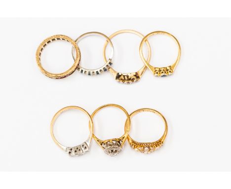 A collection of gold rings to include an 18ct gold, diamond and pearl cluster ring, a diamond cluster and sapphire and diamon