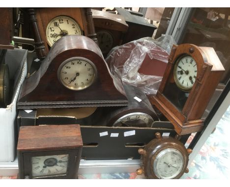 A box of assorted mantle clocks, mostly eight day, Victorian and later, plus a wall barometer
