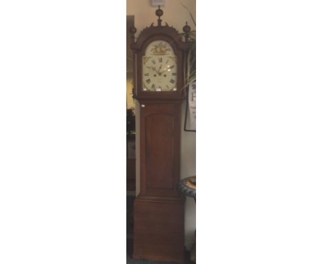 A George III oak cased longcase clock, circa 1800, eight day movement, the hood with an arched door, white enamelled dial, Ro