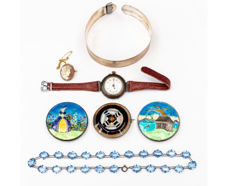 Two silver  enamel circular brooches Birmingham 1921, a sterling silver and blue paste necklace, lady's watch, banded agate b