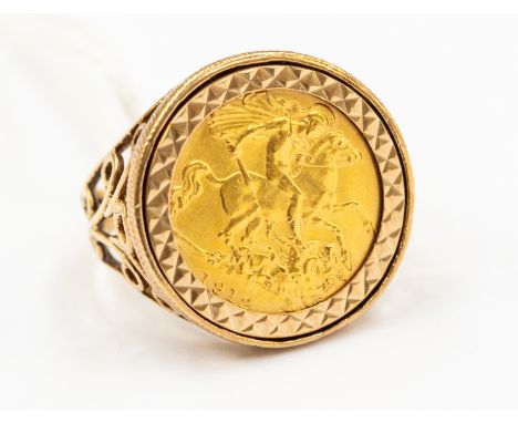 A George V half sovereign, dated 1912, mounted in 9ct ring with pierced shoulders, size Q, total gross weight approx 8.3 gms