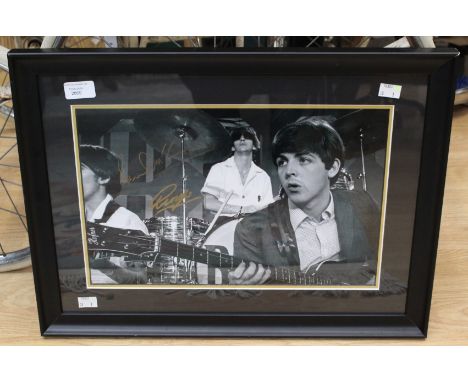 Large black and white photo of the Beatles, autographed/signed in gold by Paul McCartney and Ringo