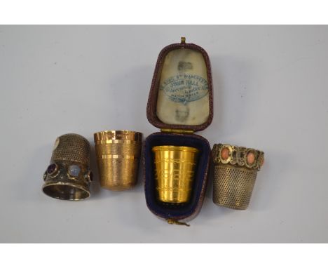 A Victorian 14ct gold and amethyst thimble, chased Greek key style border, stamped AM NM 585, Moroccan case, approx 3.4 gms g