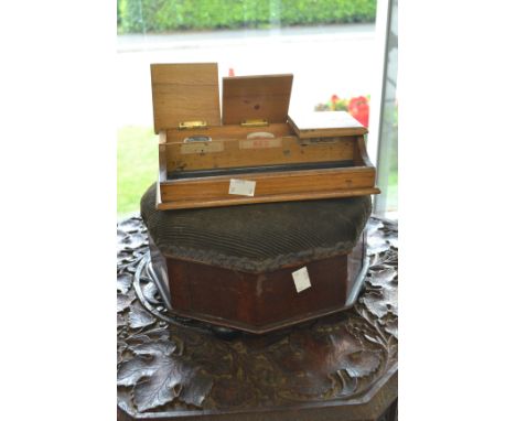 A Victorian footstool with original ceramic ball feet mahogany, together with a box wood pen and ink set (2)