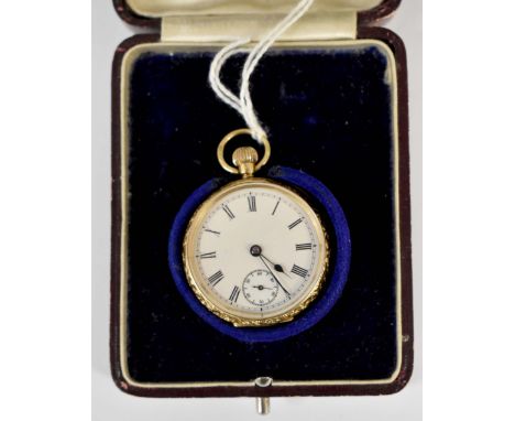 An 18ct gold open faced ladies pocket watch, white enamel dial, Roman numerals, subsidiary dial, foliate and scroll decoratio