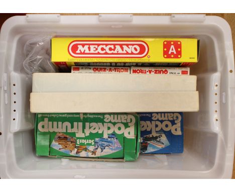 Meccano set "A" by Palitoy, plus Meccano geometry set, plus two packs of pocket trumps, plus seven Ricochet Racers (1 box)