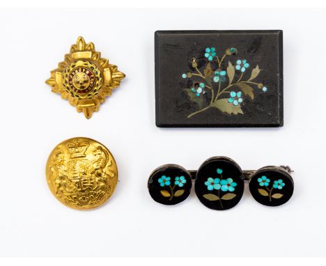 Two pietra dura blue floral brooches, late nineteenth century along with an Army button and badge and gold plated converted t