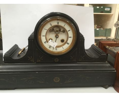 Slate mantel clock with French movement, exposed escapement to dial