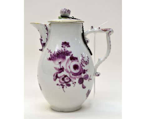 A Meissen 19th Century porcelain chocolate pot and cover decorated with enamel flowers, underglazed cross swords mark, 16 cm 
