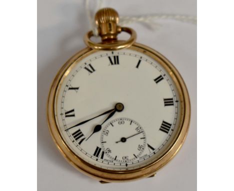 A 9ct pocket watch, white enamel dial with black Roman numerals and subsidiary dial,  dial diameter approx 42mm, case diamete