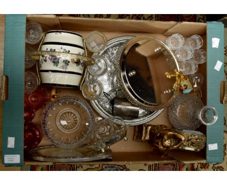 A collection of glass and metalware, including a ceramic spint barrel with six glasses in gilt metal ware work stand, six gla