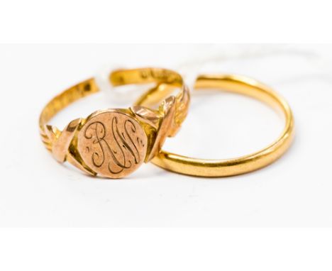 A 22ct gold plain wedding band (3.2 grams approx) together with a 9ct gold signet ring (2.2 grams approx) ring sizes Q and P 