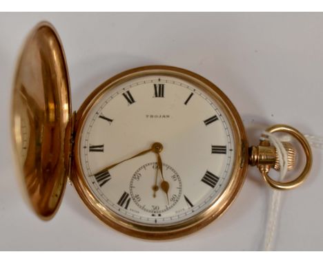 A 9ct gold full hunter pocket watch, white enamel dial inscribed Trojan, subsidiary dial, Birmingham 1929, dial diameter appr