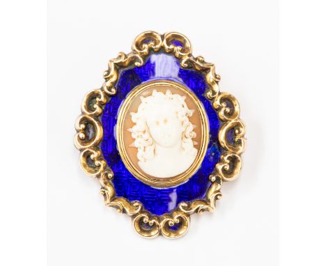 Cameo brooch with blue enamel surround