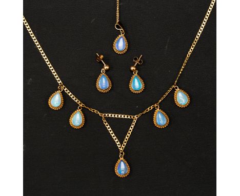 A collection of 9ct gold and opal jewellery to include a drop necklace comprising five pear cut opals with rope borders suspe