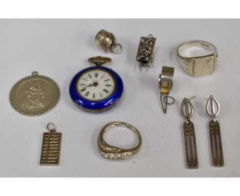 An Elba ladies blue enamelled silver fob watch, with an enamel white dial, approx diameter 28mm, (af) damage to the enamel, t