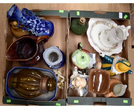 Collection of ceramics including novelty tea pots, lamp shade, pub water jugs