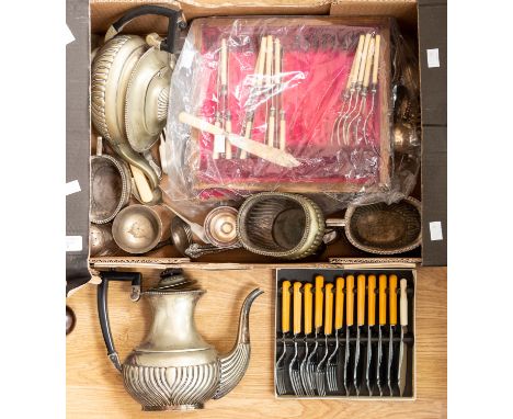 A collection of silver plate, EPNS, white metal including fish knives and forks, in various boxes, flatware and coffee and te