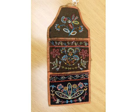 A Victorian handkerchief coser? embellished with a colourful design of flowers and leaves, the back of the item is made of re
