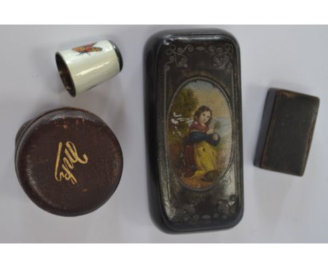 A travelling brass Inn bottle; an enamelled thimble; a 19th Century snuff box with oral insert hand painted with and a smalle