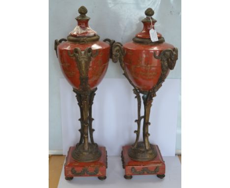 A large pair of decorative covered ceramic garnitures in cast metal mounts (s.d) (2) 