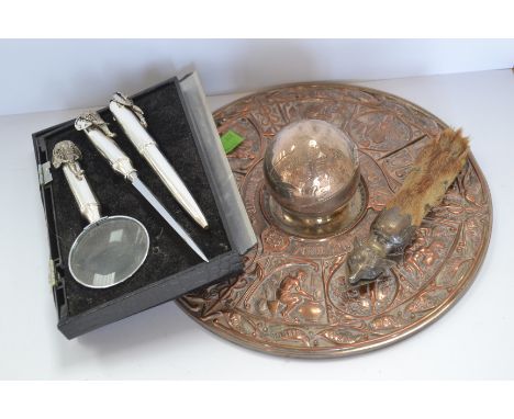 Early 20th Century inkwell Sheffield plated famous People of the World with a globe ink well plate fox paw and pen letter ope