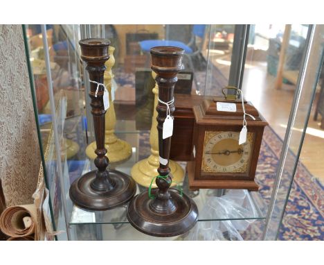 19th Century tea caddy and two pairs of candle sticks and mantle clock