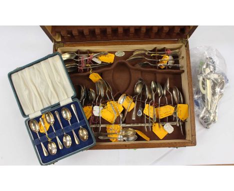 A collection of silver spoons from George III to George VI along with some plated flatware in an oak case 29 ozt approx