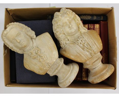 A collection of 20th Century early books, shelf fillers, with to chalk bust of composers 