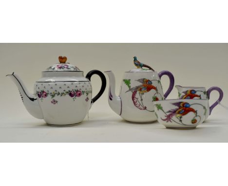 Crown Staffordshire batchelor tea set, circa 1925. Painted strawberry and pheasant, pheasant finial teapot, milk, sugar toget