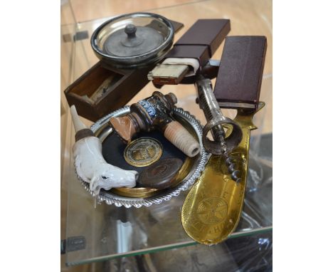 A 19th Century pillar corkscrew with side brush together with two various bottle stoppers, one a ceramic horses head, shoe ho