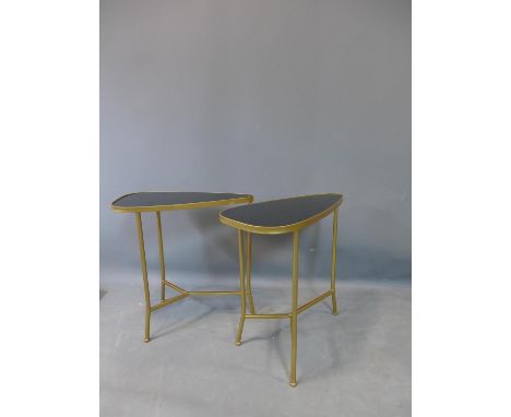 A pair of contemporary gilt metal lamp tables with black glass tops, H.55 W.55 D.29cm 