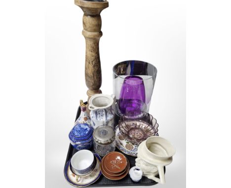 A large Polish clear glass vase and other glass ware, Ringtons caddy, large turned wooden candle stand, Limoges porcelain flo