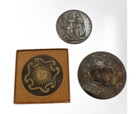 A bronze coronation medal 1902, a Swiss medal and a Battle of Warsaw commemorative medal (3)
